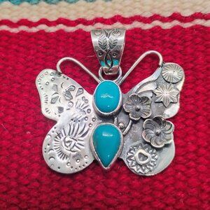Sterling Silver Butterfly Pendant w/Turquoise Flowers Petroglyph Design